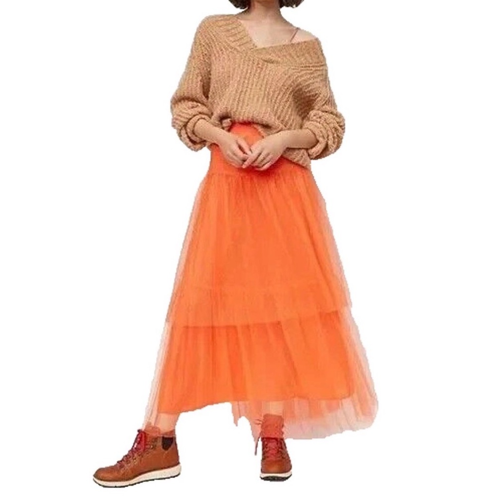 Anthropologie Evelyn Tulle Orange Layered Maxi Skirt